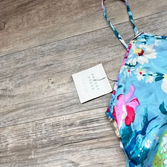 Robert Stock Silk Floral Slip Dress M NWT Blue Multicolor Spaghetti Strap Summer - Picture 5 of 10